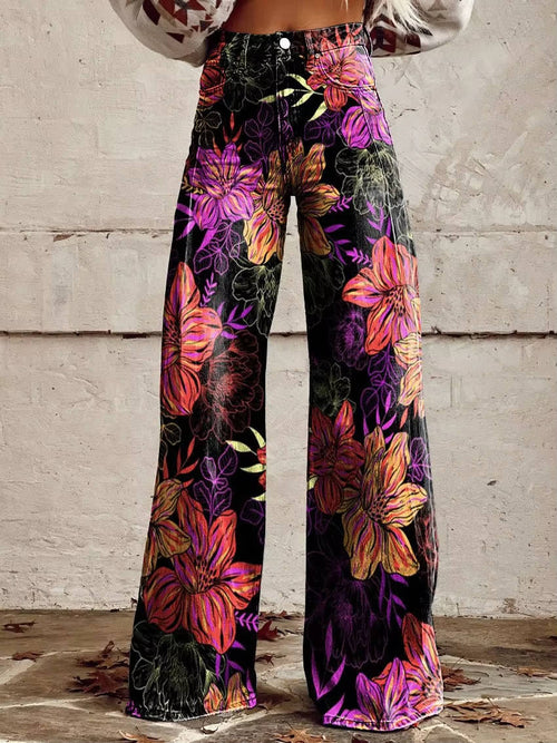 High Waisted Bell Bottom Pants with Floral Print and Stretch Fabric