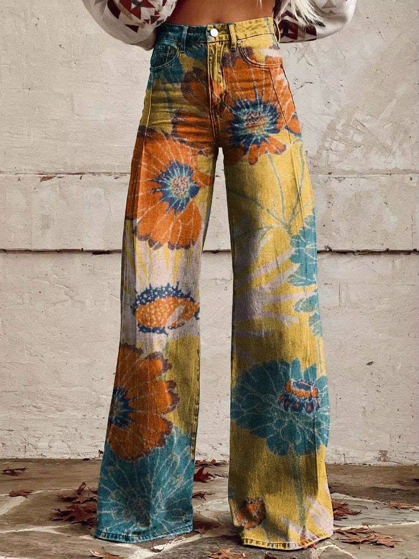 High Waisted Bell Bottom Pants with Floral Print and Stretch Fabric