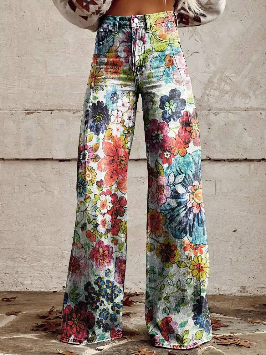 High Waisted Bell Bottom Pants with Floral Print and Stretch Fabric