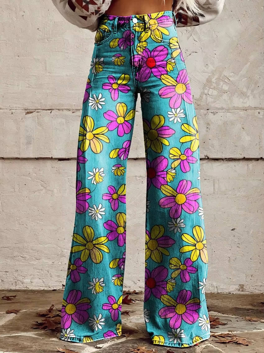 High Waisted Bell Bottom Pants with Floral Print and Stretch Fabric