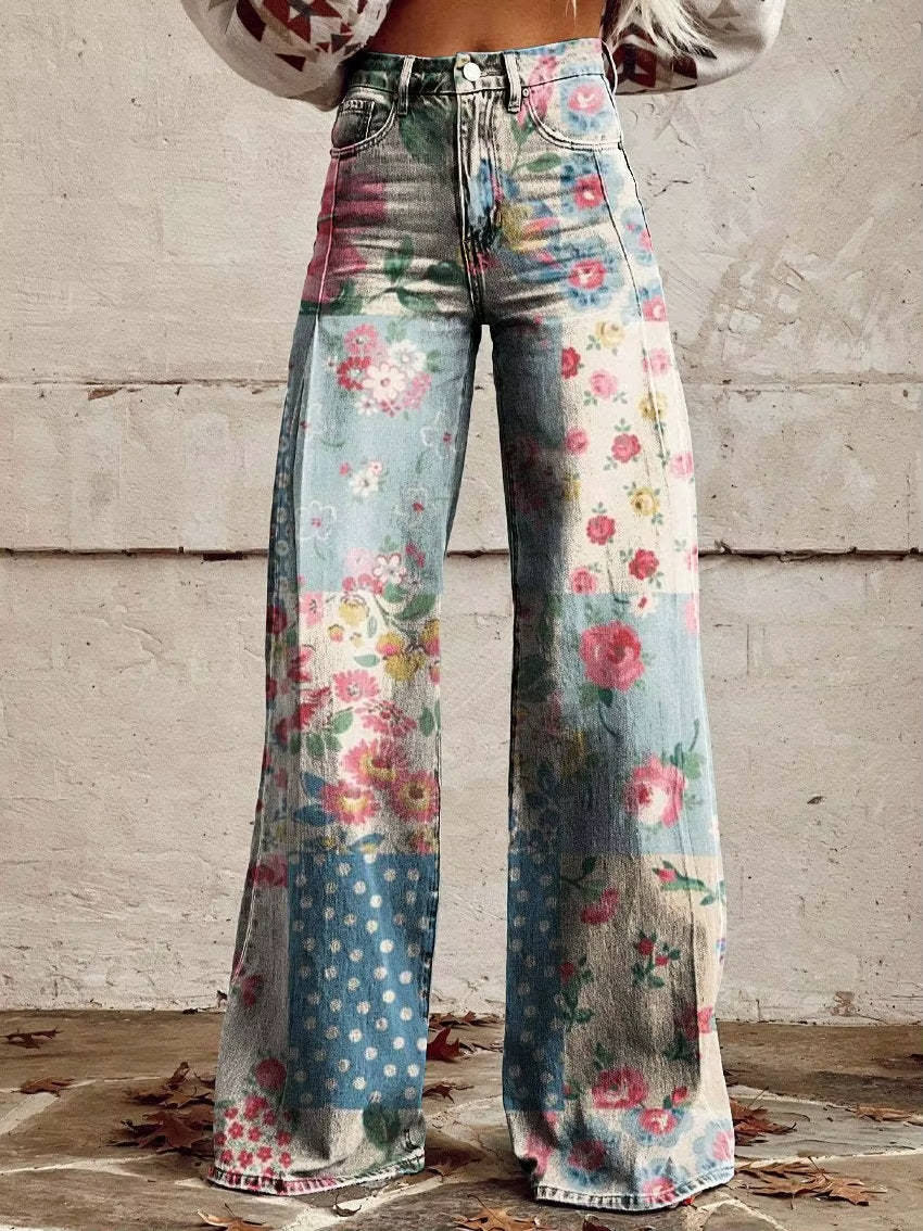 High Waisted Bell Bottom Pants with Floral Print and Stretch Fabric