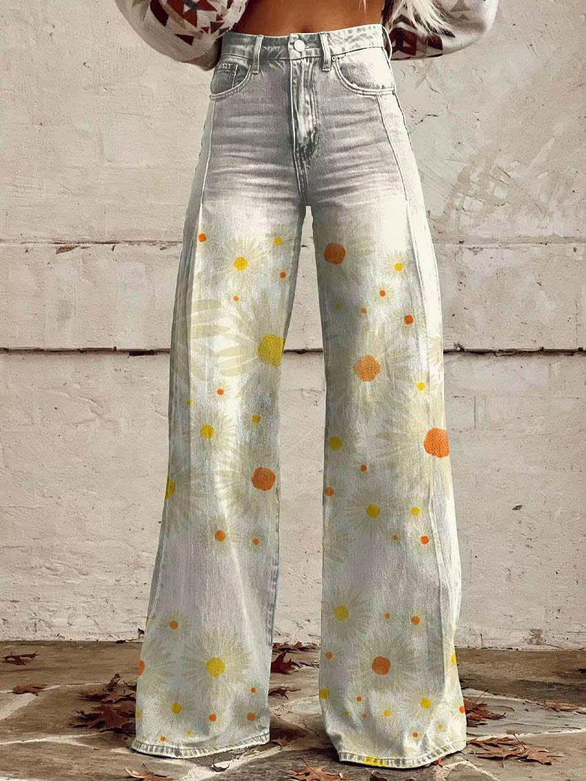 High Waisted Bell Bottom Pants with Floral Print and Stretch Fabric