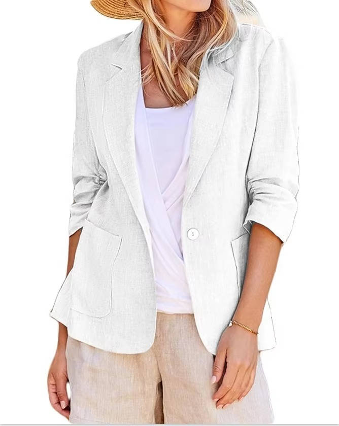 Womens Linen Blazer with Cinched Waist and Ruched Three Quarter Sleeves