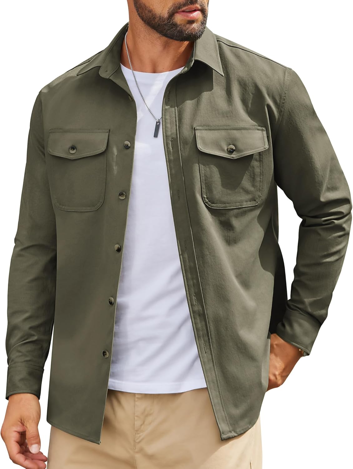 Mens Long Sleeve Button Down Work Shirt, Casual Workwear Shirt with Flap Pockets