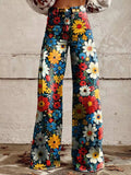 High Waisted Bell Bottom Pants with Floral Print and Stretch Fabric
