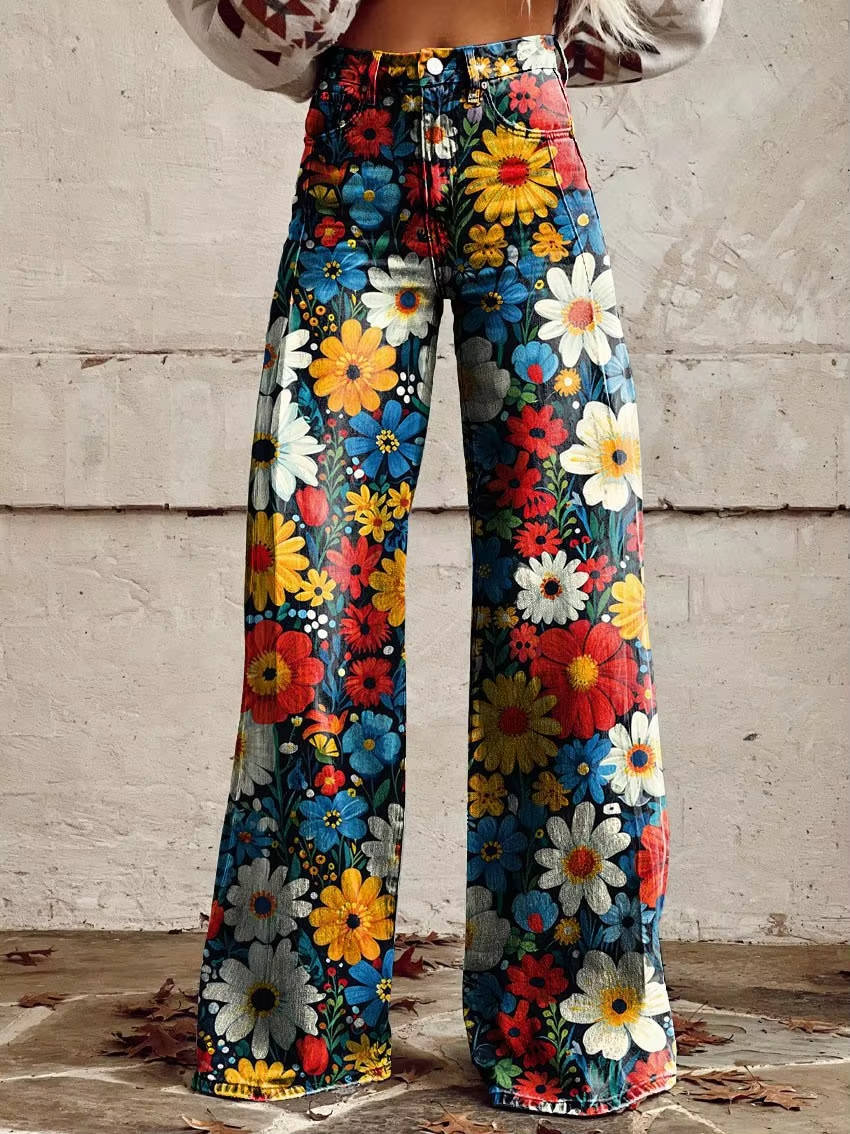 High Waisted Bell Bottom Pants with Floral Print and Stretch Fabric
