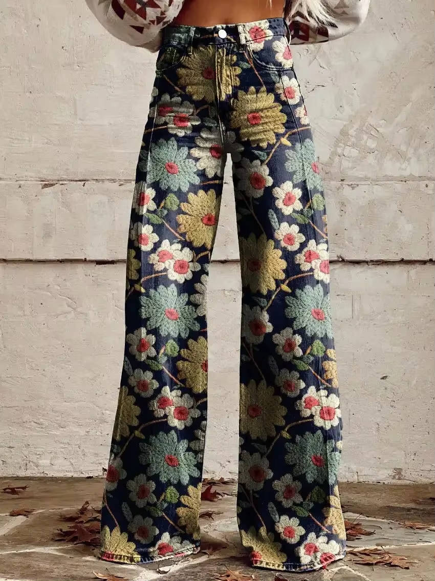High Waisted Bell Bottom Pants with Floral Print and Stretch Fabric
