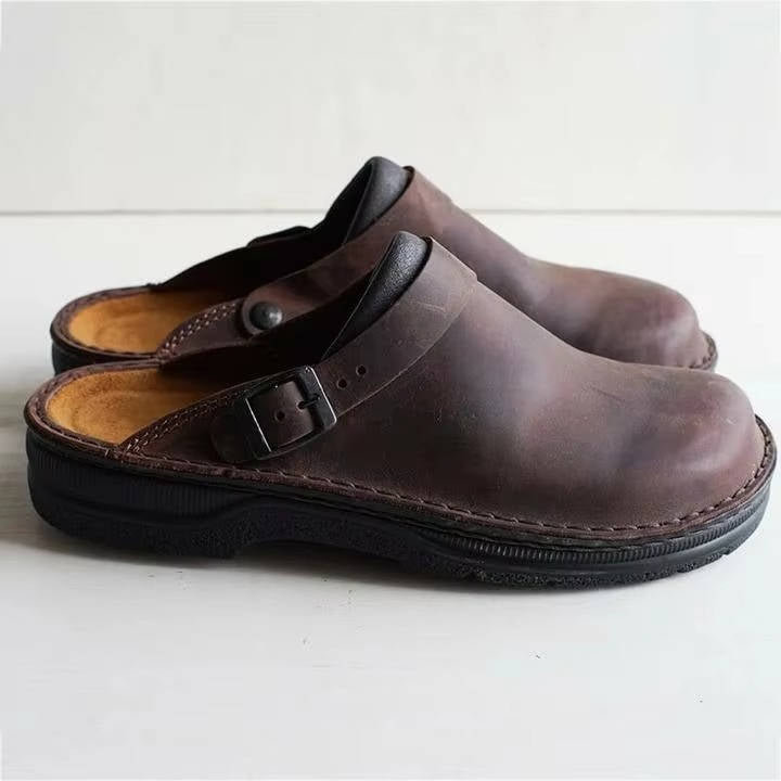 Mens Leather Clogs, Closed Toe Slip on Mules, Casual Buckle Strap Backless Comfort Shoes