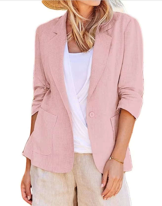 Womens Linen Blazer with Cinched Waist and Ruched Three Quarter Sleeves