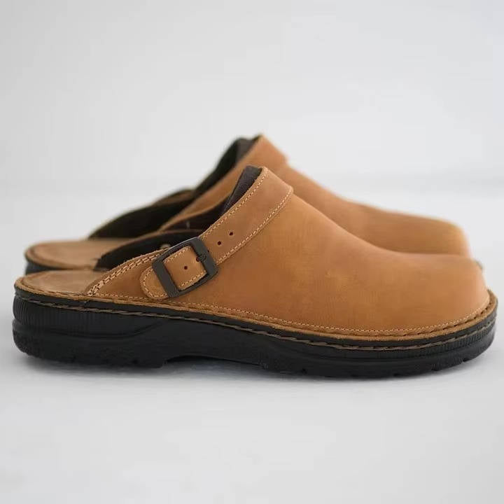 Mens Leather Clogs, Closed Toe Slip on Mules, Casual Buckle Strap Backless Comfort Shoes