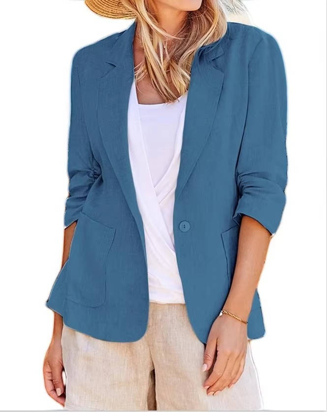 Womens Linen Blazer with Cinched Waist and Ruched Three Quarter Sleeves