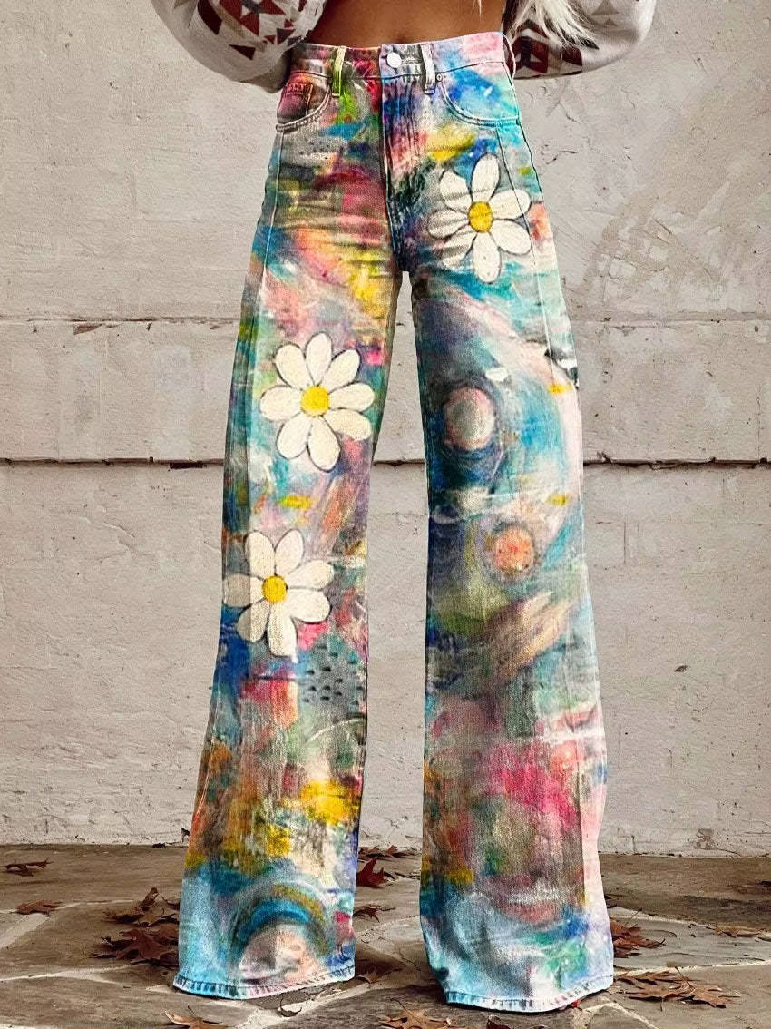 High Waisted Bell Bottom Pants with Floral Print and Stretch Fabric
