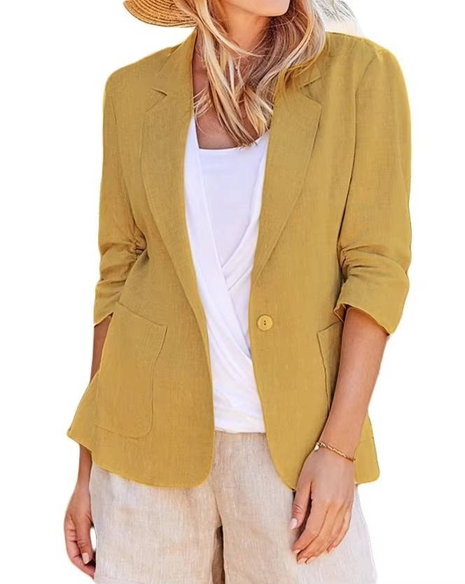 Womens Linen Blazer with Cinched Waist and Ruched Three Quarter Sleeves