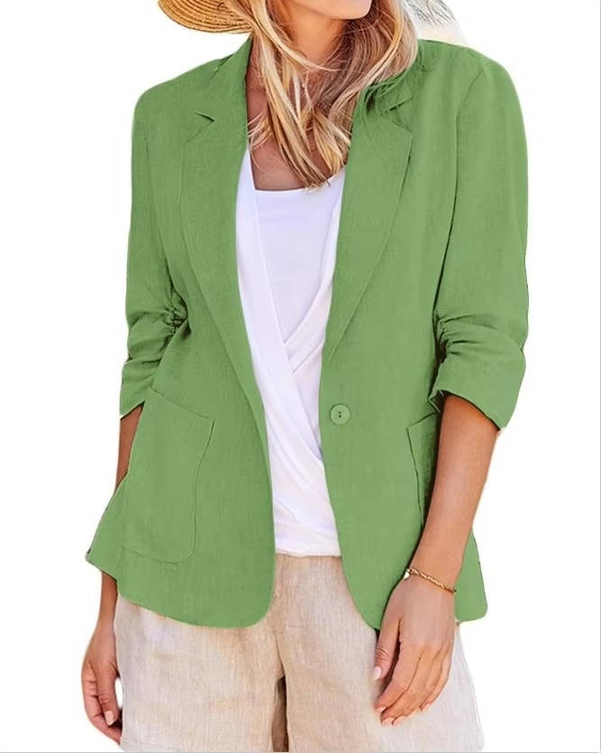 Womens Linen Blazer with Cinched Waist and Ruched Three Quarter Sleeves