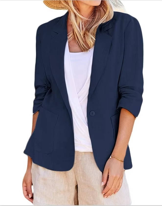 Womens Linen Blazer with Cinched Waist and Ruched Three Quarter Sleeves