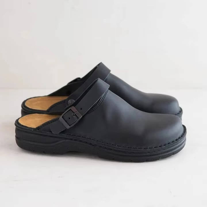 Mens Leather Clogs, Closed Toe Slip on Mules, Casual Buckle Strap Backless Comfort Shoes