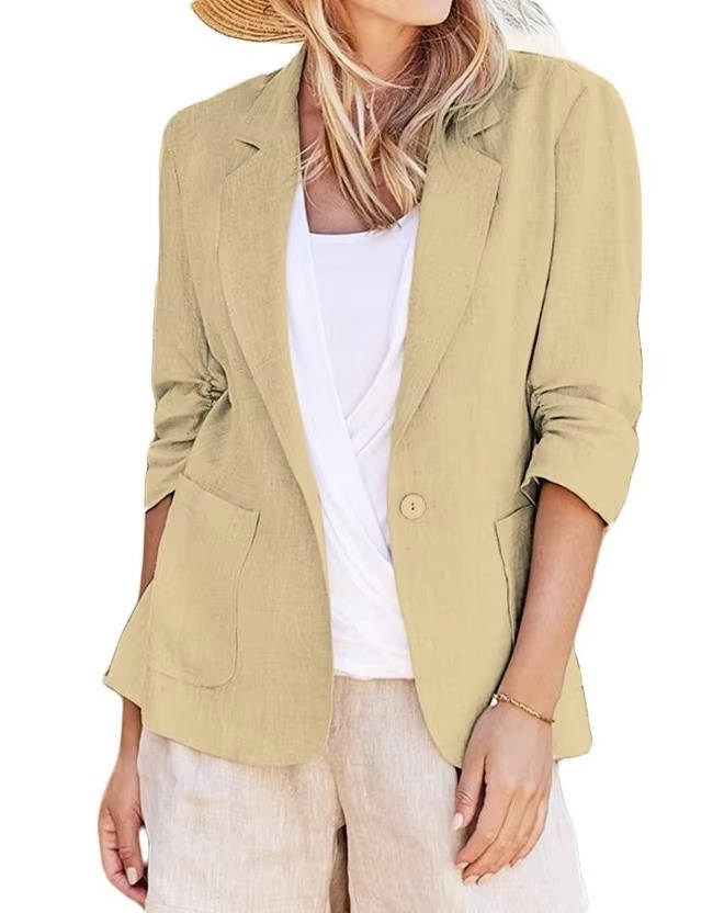 Womens Linen Blazer with Cinched Waist and Ruched Three Quarter Sleeves