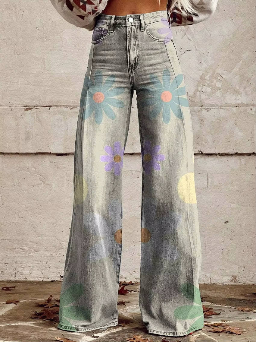High Waisted Bell Bottom Pants with Floral Print and Stretch Fabric