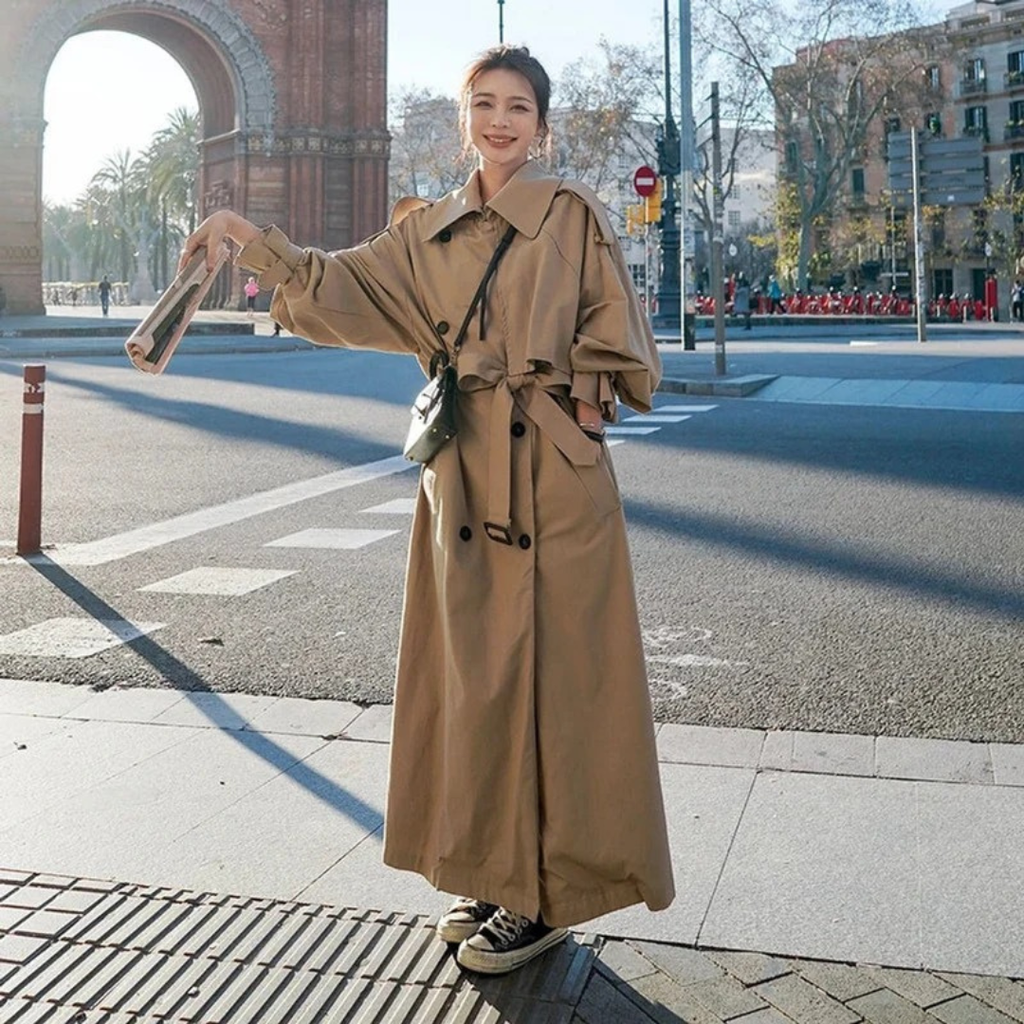 Women's Belted Maxi Trench Coat with Oversize Fit and Adjustable Tie Belt