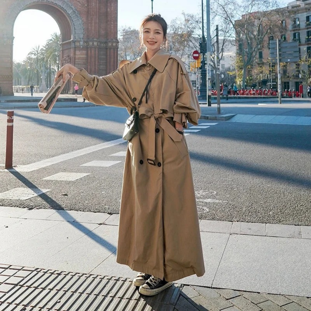 Women's Belted Maxi Trench Coat with Oversize Fit and Adjustable Tie Belt