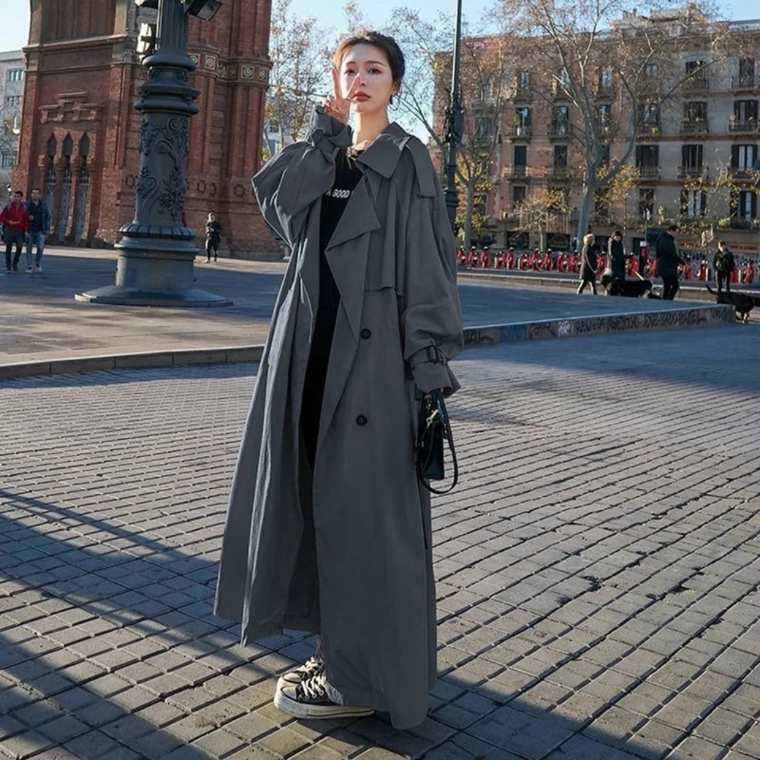 Women's Belted Maxi Trench Coat with Oversize Fit and Adjustable Tie Belt