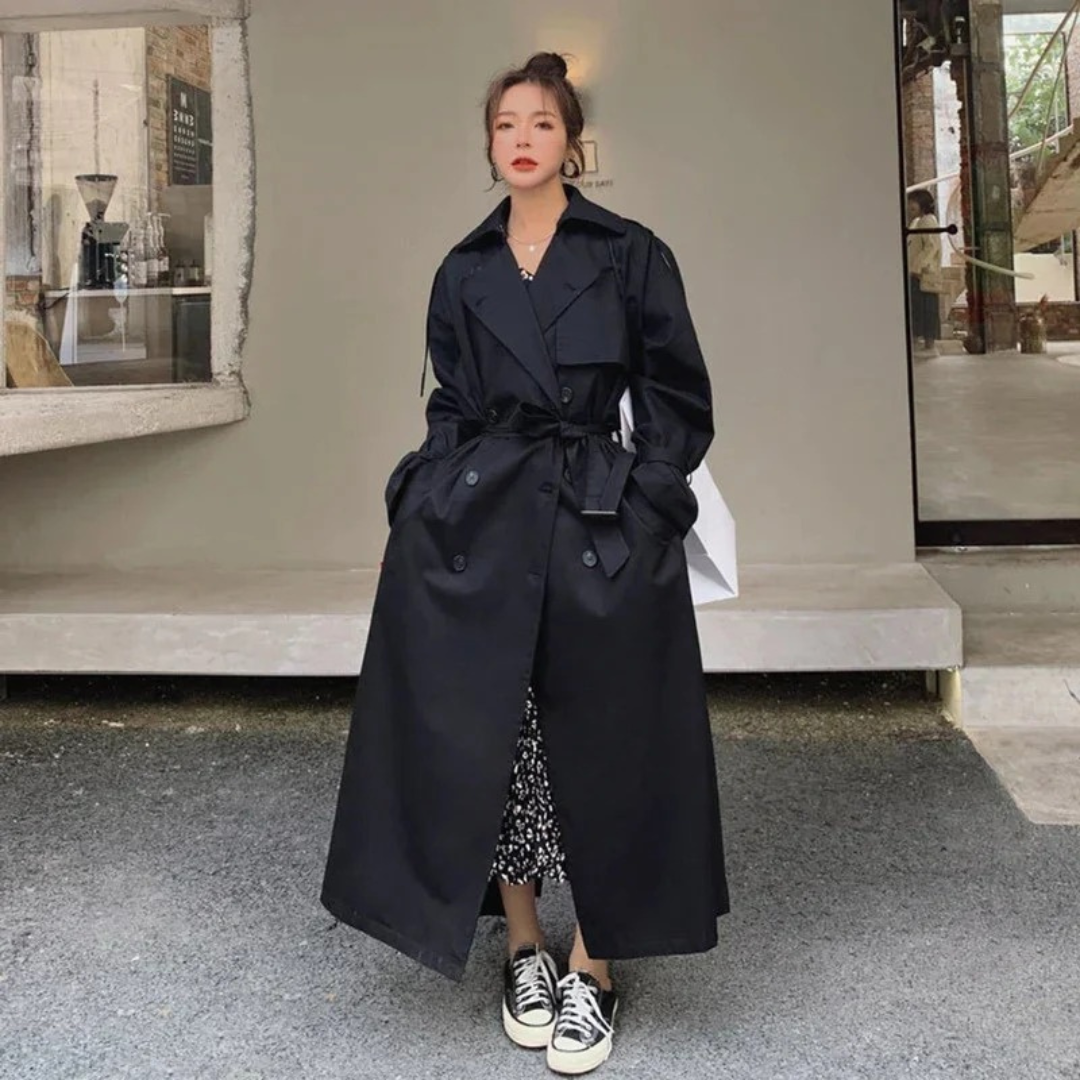 Women's Belted Maxi Trench Coat with Oversize Fit and Adjustable Tie Belt
