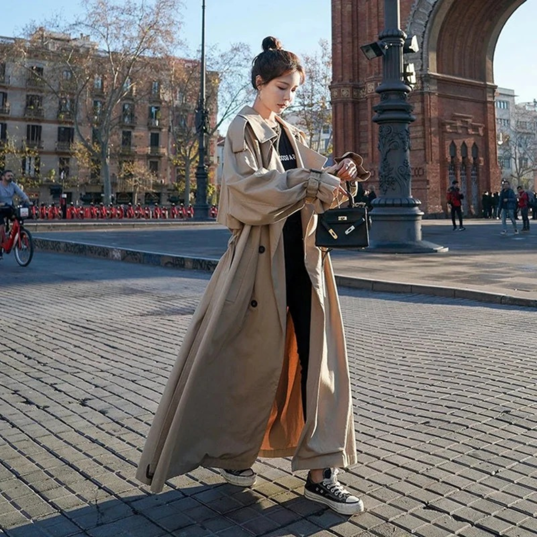 Women's Belted Maxi Trench Coat with Oversize Fit and Adjustable Tie Belt