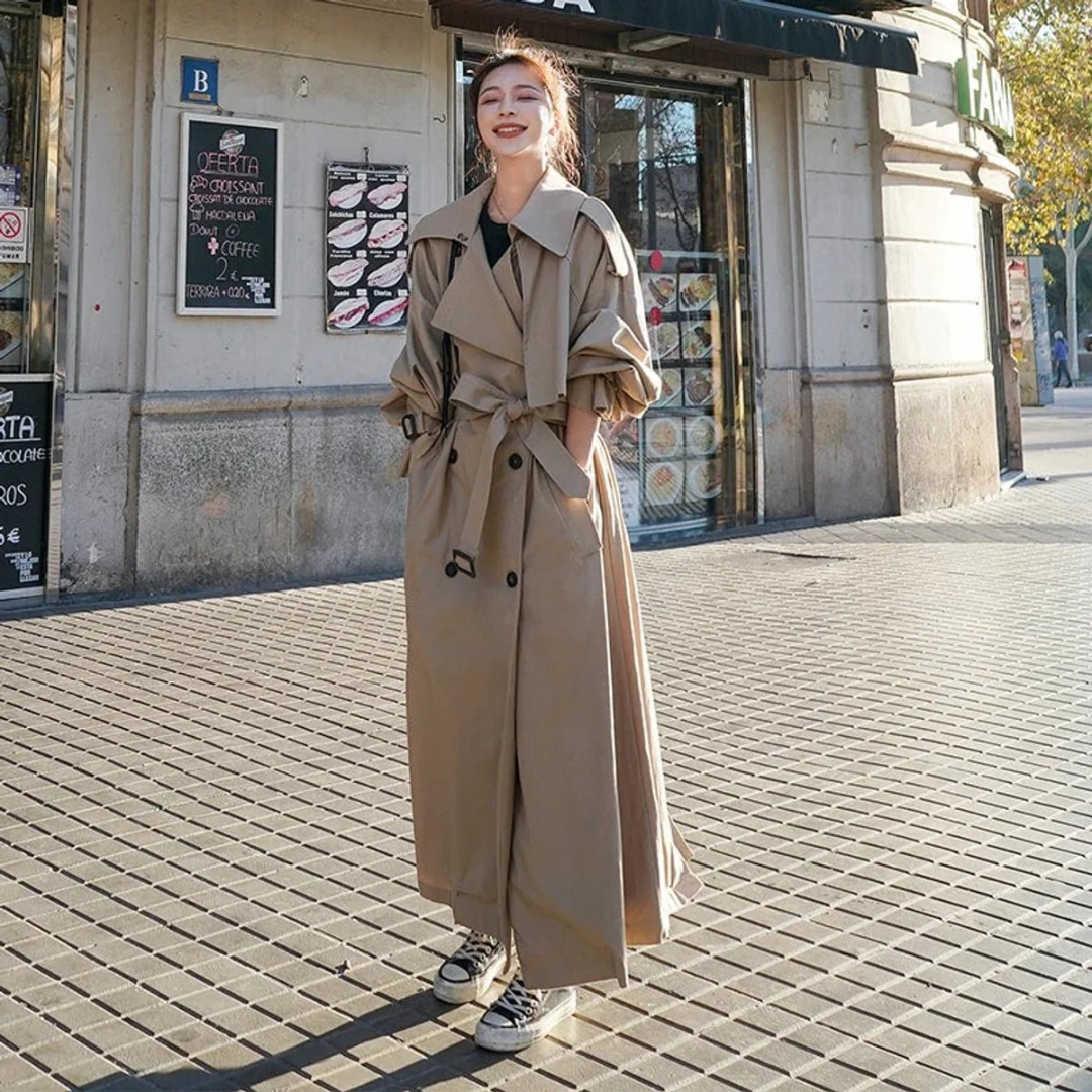 Women's Belted Maxi Trench Coat with Oversize Fit and Adjustable Tie Belt