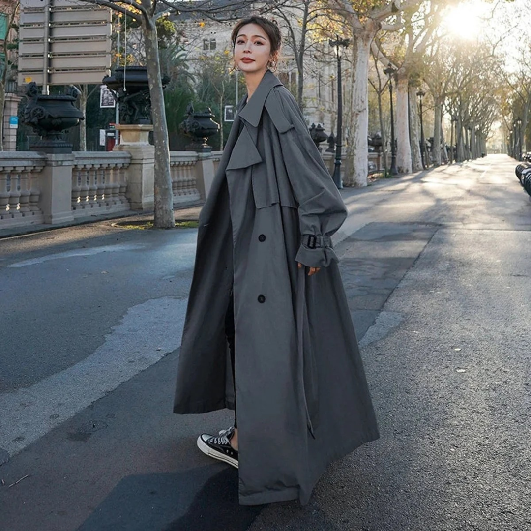 Women's Belted Maxi Trench Coat with Oversize Fit and Adjustable Tie Belt