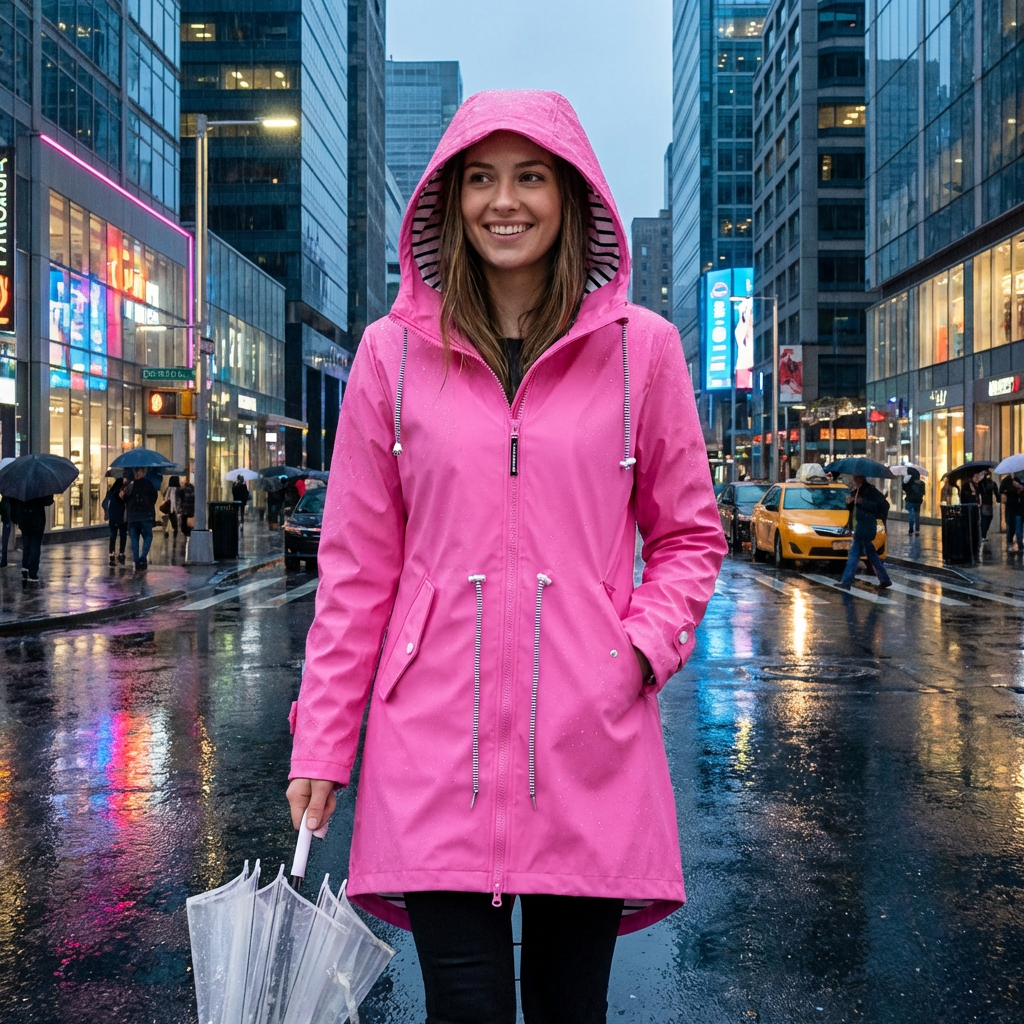 Womens Waterproof Long Rain Jacket with Adjustable Hood and Breathable Fabric