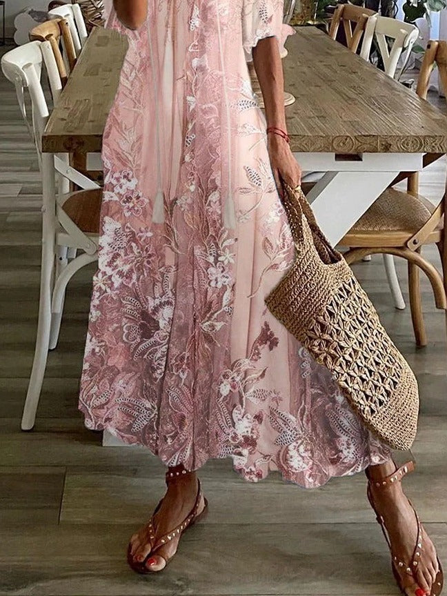 Floral Maxi Dress with V-Neckline and Half Sleeves, Lace-Inspired Details