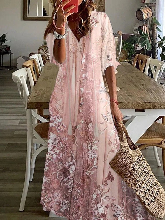 Floral Maxi Dress with V-Neckline and Half Sleeves, Lace-Inspired Details