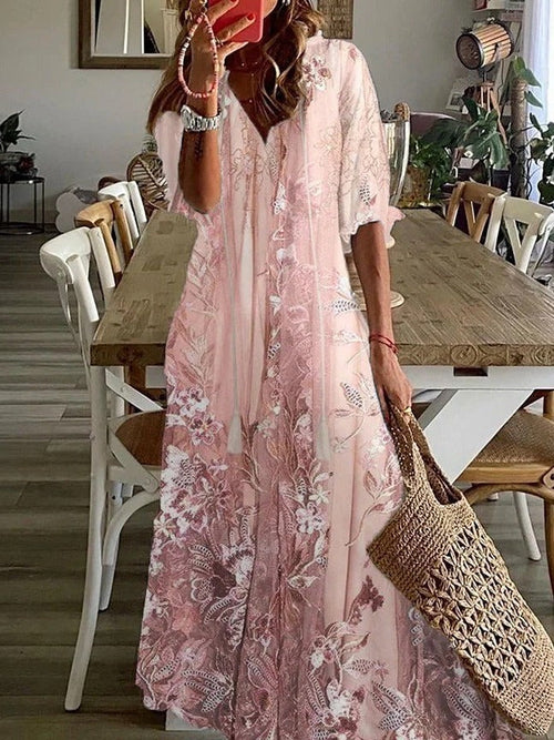 Floral Maxi Dress with V-Neckline and Half Sleeves, Lace-Inspired Details