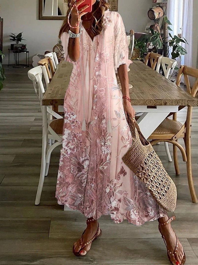 Floral Maxi Dress with V-Neckline and Half Sleeves, Lace-Inspired Details