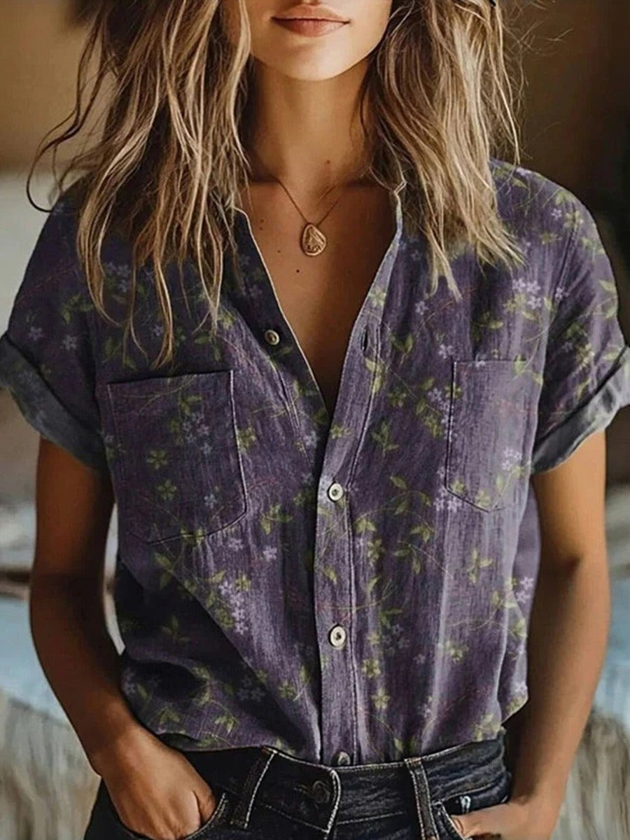 Floral Lapel Blouse with Short Sleeves and Breathable Fabric