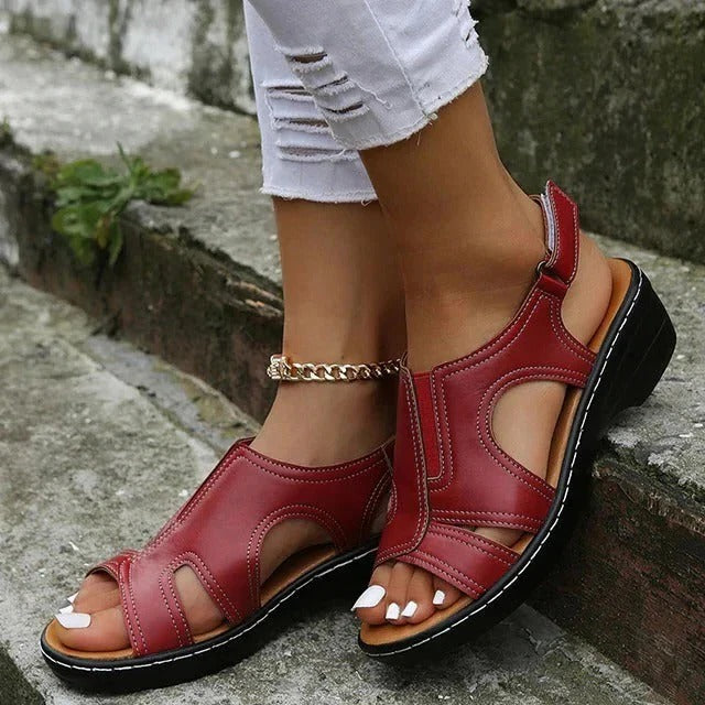 Womens Leather Wedge Sandals with Cushioned Footbed and Adjustable Straps, Non-Slip Sole