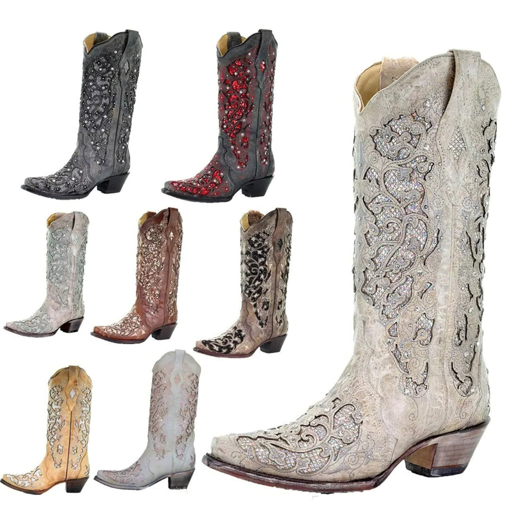 Womens Knee High Boots with Sequined Embroidery and Pointed Toe, Block Heel