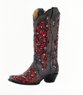 Womens Knee High Boots with Sequined Embroidery and Pointed Toe, Block Heel