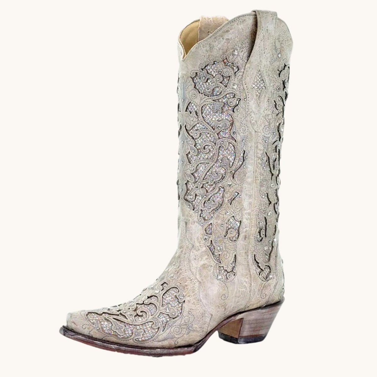 Womens Knee High Boots with Sequined Embroidery and Pointed Toe, Block Heel