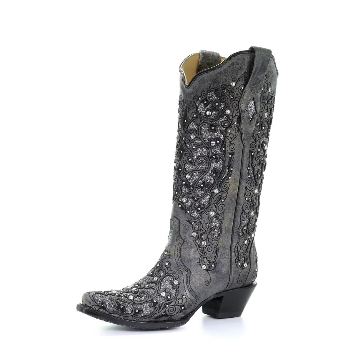 Womens Knee High Boots with Sequined Embroidery and Pointed Toe, Block Heel