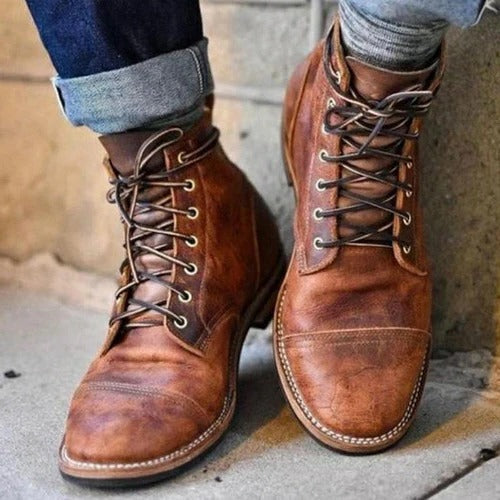 Mens Ankle High Boots with Hook and Loop Straps and Contoured Sole