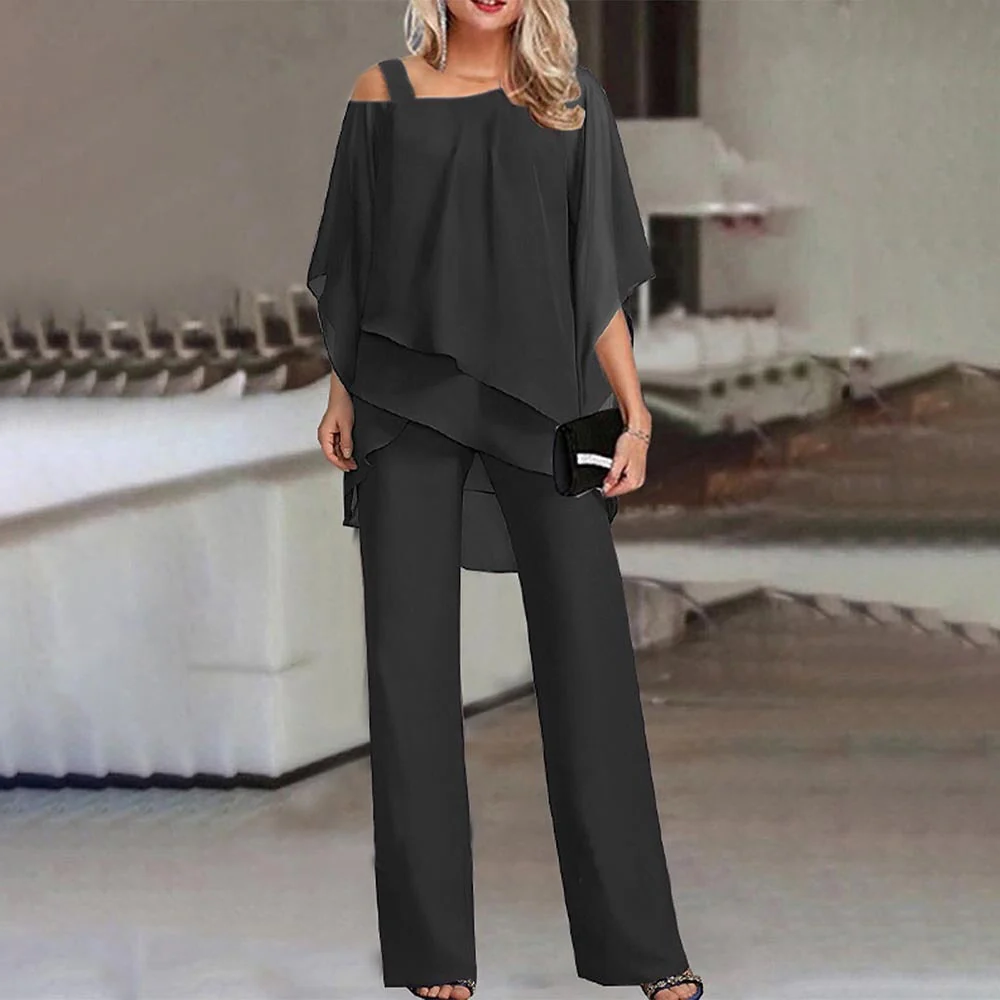 Womens Cold Shoulder Suit with Straight Leg Trousers and Wrinkle Resistant Fabric