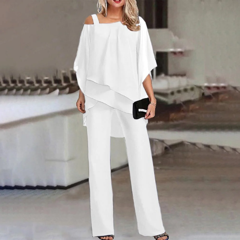 Womens Cold Shoulder Suit with Straight Leg Trousers and Wrinkle Resistant Fabric