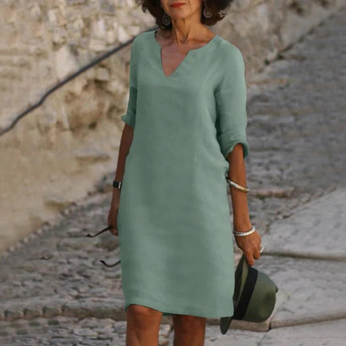 Breathable Cotton Polyester Dress with Relaxed Fit and Three-Quarter Sleeves