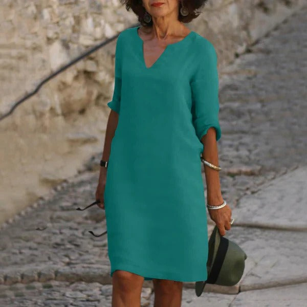 Breathable Cotton Polyester Dress with Relaxed Fit and Three-Quarter Sleeves