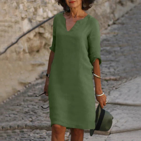 Breathable Cotton Polyester Dress with Relaxed Fit and Three-Quarter Sleeves