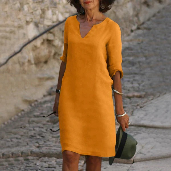 Breathable Cotton Polyester Dress with Relaxed Fit and Three-Quarter Sleeves