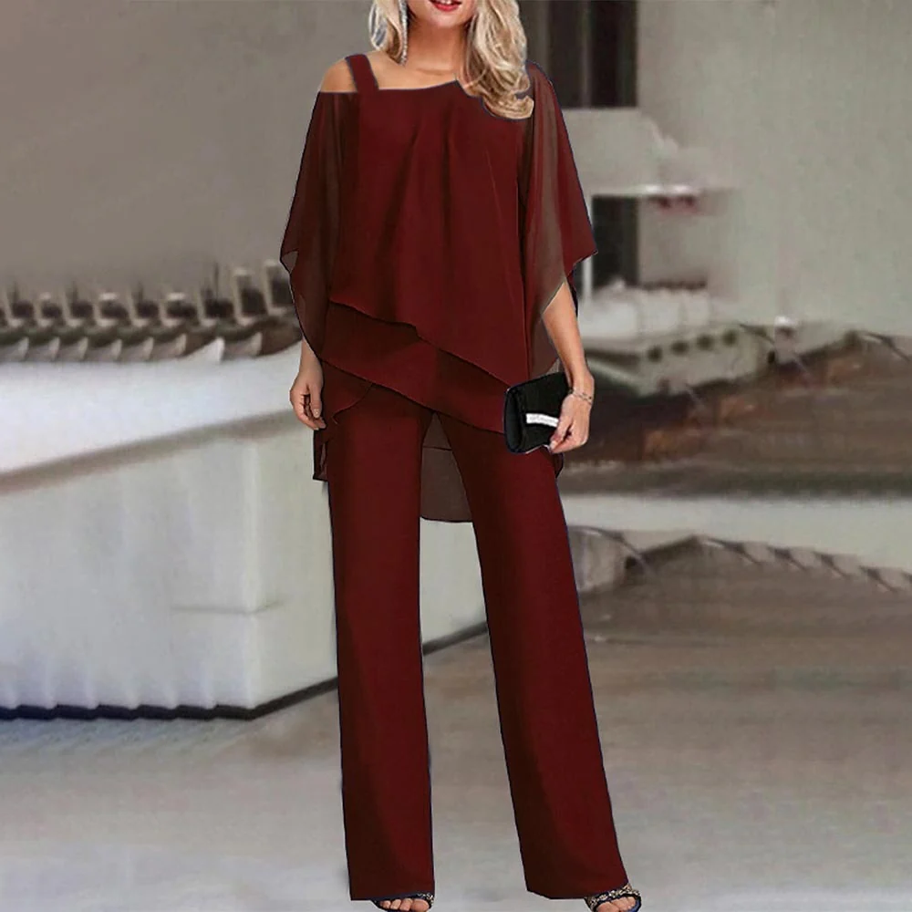 Womens Cold Shoulder Suit with Straight Leg Trousers and Wrinkle Resistant Fabric