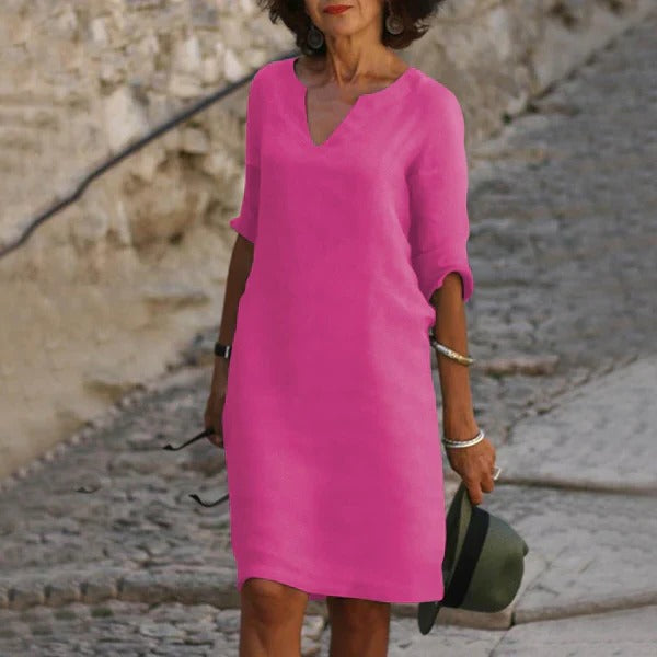 Breathable Cotton Polyester Dress with Relaxed Fit and Three-Quarter Sleeves