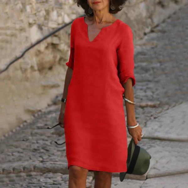 Breathable Cotton Polyester Dress with Relaxed Fit and Three-Quarter Sleeves